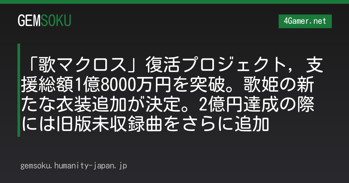 「歌マクロス」復活プロジェクト，支援総額1億8000万円を突破。歌姫の新たな衣装追加が決定。2億円達成の際には旧版未収録曲をさらに追加