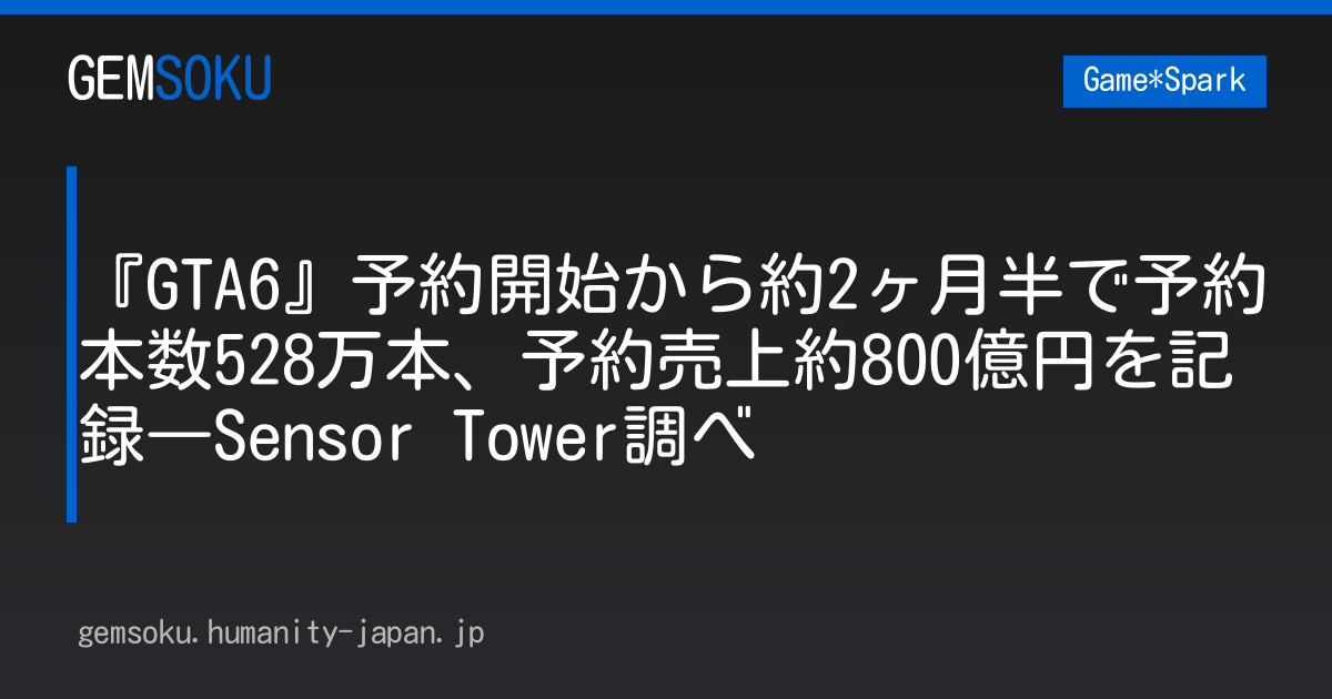 『GTA6』予約開始から約2ヶ月半で予約本数528万本、予約売上約800億円を記録―Sensor Tower調べ