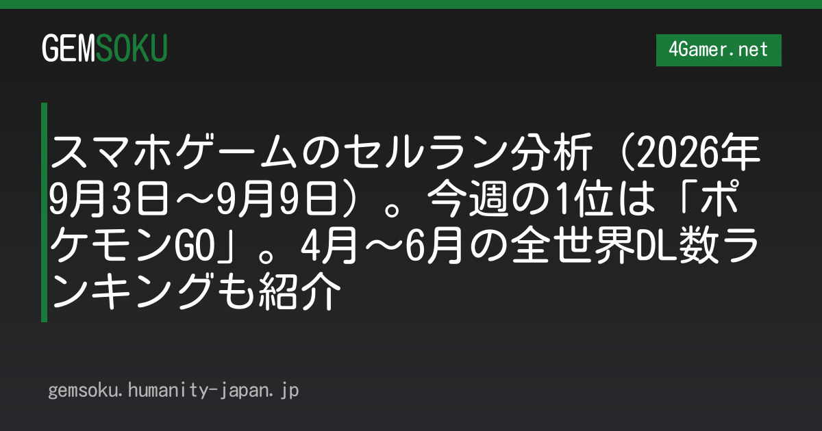 スマホゲームのセルラン分析（2026年9月3日〜9月9日）。今週の1位は「ポケモンGO」。4月〜6月の全世界DL数ランキングも紹介