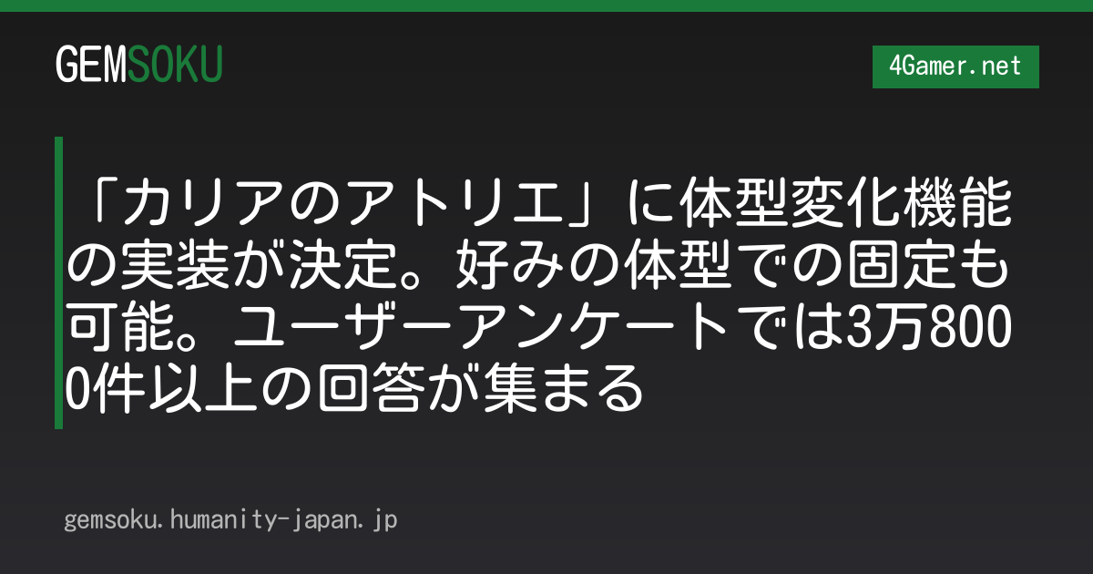 「カリアのアトリエ」に体型変化機能の実装が決定。好みの体型での固定も可能。ユーザーアンケートでは3万8000件以上の回答が集まる